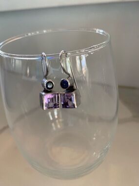 .925 Sterling Silver Dangle Earrings with Purple Square Gemstones